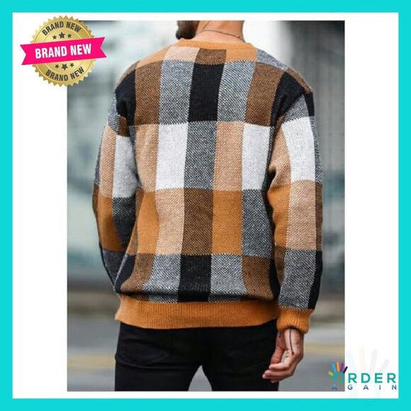 Color Block Plaid Pullover Sweater Long Sleeve Crew Neck Classic Preppy - Picture 3 of 7